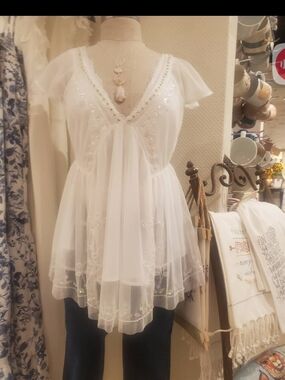 Altar'd State Sheer Embroidered V-Neck Babydoll Top